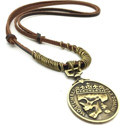 Anchor Peace Owl Cross Skull Handmade Punk Brown Genuine Leather Vintage Pendant Mens Necklace Women Sweater Chain Jewelry