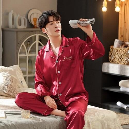 Couple Spring Summer New 2PCS Pajamas Suit Women Lace Trim Robe Gown Men Turn-down Collar Loose Homewear Casual Satin Nightwear