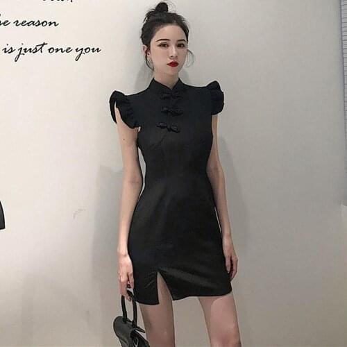 Chinese Summer Short Cheongsam Dress Split Women Traditional Clothing Flying Sleeve Gothic Sexy Party Qipao Retro Dresses