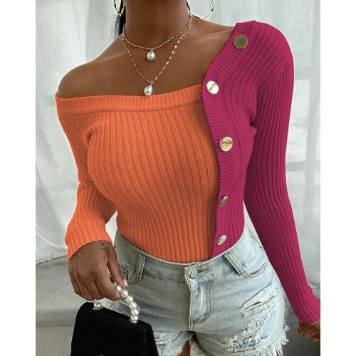 One-shoulder sweater sexy contrast stitching tight-fitting Pullover long-sleeved cusual Spring Autumn tops fashion women 2020