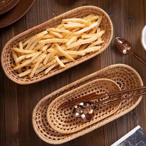 Hand Woven Rattan Rectangular Bread Storage Tray Dinner Coffee Breakfast Serving Basket Box Container Holder Sundries Organizer