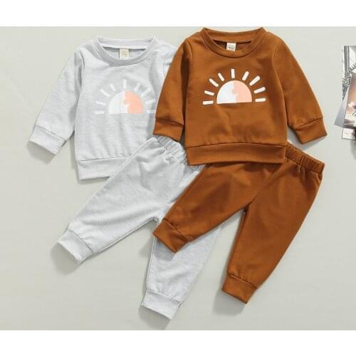 0-24M Newborn Baby Boy Girl Long Sleeve Sun Print Pullover Sweatshirt Tops Long Pant Trouser 2PCS Spring Autumn Clothes Set