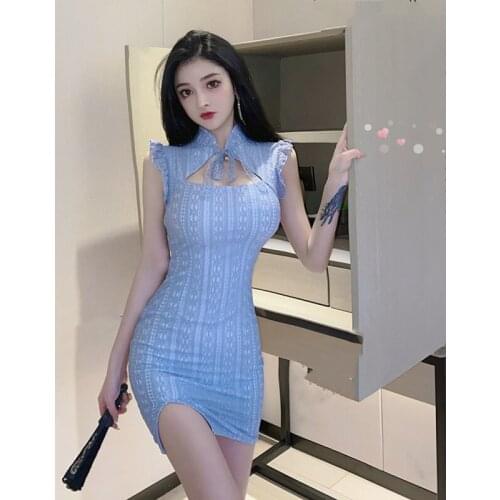 Sexy Lace Cheongsam Dress Women Fashion Skinny Tight Sheath Bodycon Pencil Dress Ladies Ruffle Sleeve Club Short Mini Dresses