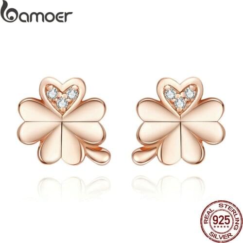 Bamoer Four-Leaf Clovers Stud Earrings for Women Rose Gold Color 925 Sterling Silver Wedding Jewelry for Kid Anti-allergy BSE233