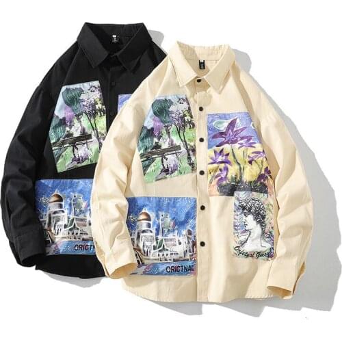 Loose Shirt Long Sleeve Japanese Printed Mens Clothes Casual All-match Coat Thin Lapel Top Bottoming Shirt Ovesize Spring Autumn