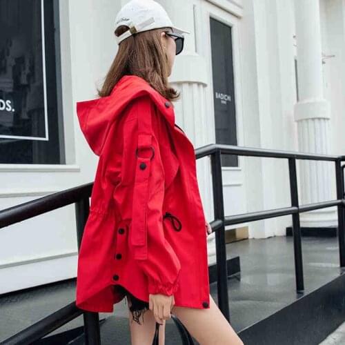 Womens Mid-length Korean Windbreaker 2021 Spring Autumn New Plus Size LooseHooded Tooling Outwear Fashion Trench Coat aq036