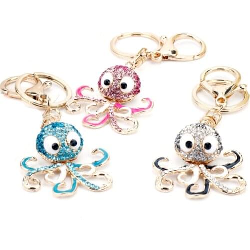 Women Fashion Accessories Octopus Key Ring Rhinestones Charm Keychain Boutique Trinket Key Buckle Jewelry Gift