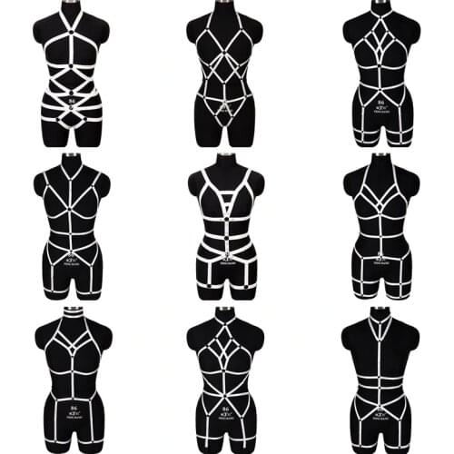 Full Body Harness Bra White Caged Top Bust Strappy High Waist Belt Garter Punk Goth Women Hollow Out Lingerie Festival Club Wear