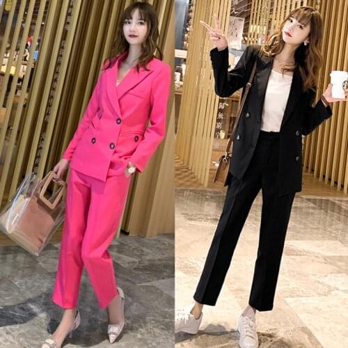Spring and autumn womens new temperament double-breasted rose red suit jacket nine pants fashion casual two-piece TB190428