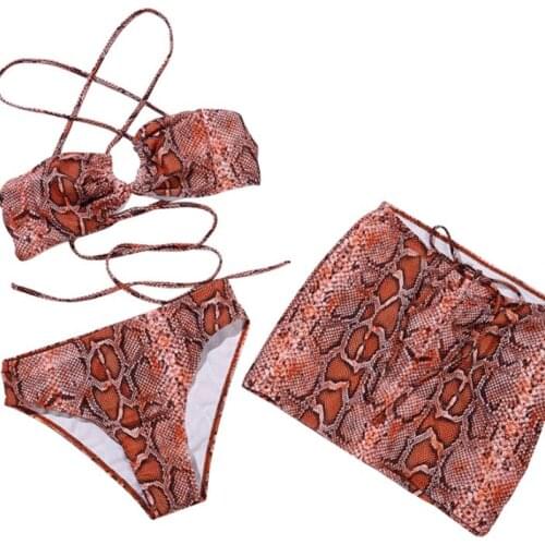 Women Three-piece Swimming Clothes Set Light Brown Printed Pattern Bikini Tops Shorts and Skirt XS/ S/ M/ L/ XL