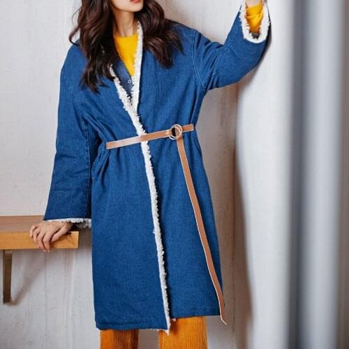 Winter New Womens Fashion Denim Cotton Coat Stitching Faux Lambswool With Belt Long Loose Padded Jacket Outerwear Y816