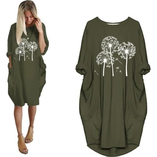 Womens Fall Midi Dress Long Sleeve Dresses Dandelion Print O Neck Loose Pocket Casual Vintage Vestidos Robe Femme Autumn Dress