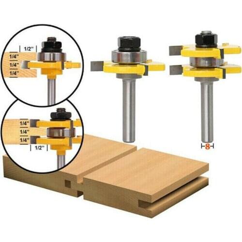 2pcs 3-tooth T-type Mortise Cutter 8mm Shank Tongue & Groove Router Bit Set Woodwoorking Grove Tool Parts