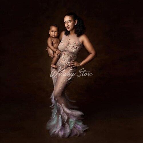 2021 Colorful Beads Feathers Long Prom Gowns Pretty Sheer See Thru Mermaid Maternity Women Dresses Baby Shower Party Dress