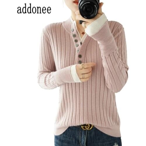 2021 Latest Style Spring Autumn Women Female Cotton Knitted V-Neck Sweater Pullover Slim Solid Fashion Casual Long Sleeve