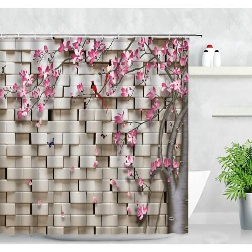 3D Geometric Brick Wall Pattern Backdrop Decor Cloth Shower Curtains Pink Flowers Birds Tree Butterfly Creative Bathroom Curtain