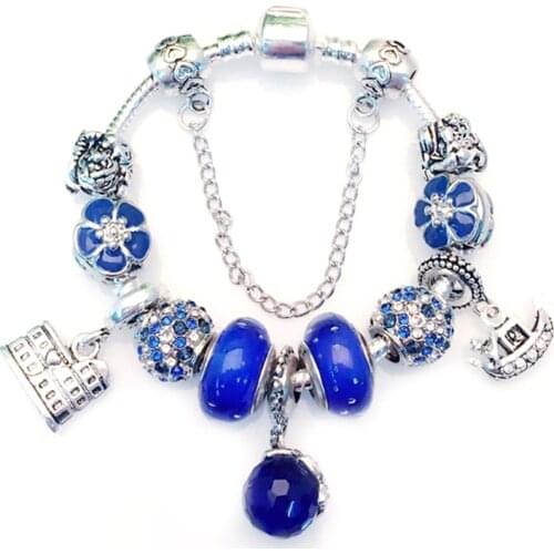 BAOPON 2017 New Fashion Silver Plated Crystal Blue Borad Pendant DIY Women Charm Bracelets For Women&Men Gifts BR012