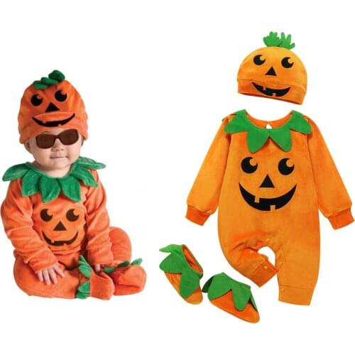 0-24M Newborn Infant Baby Boy Girl Halloween Costume Pumpkin Baby Romper Velvet Jumpsuit Hat Shoes Outfits Clothing