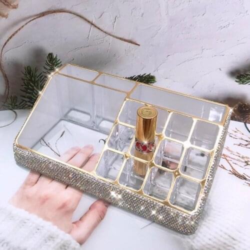 Sparkling Makeup Brush Lipsticks Organizer Acrylic Box All Rhinestones Bling Desk Make Up Organizer Handmade Bathroom Bins