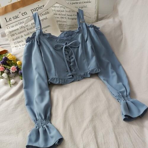 Sexy French Style Vintage Blouses Women Off Shoulder Tops Puff Long Sleeve Crop Tops Shirts Blouse Tops