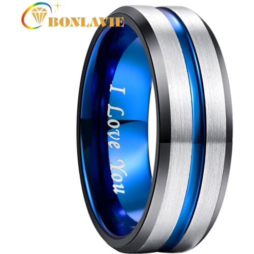 BONLAVIE 8MM Blue Inside Groove Tungsten Carbide Ring for Men Promise Engagement Wedding Bands Men Women Gift