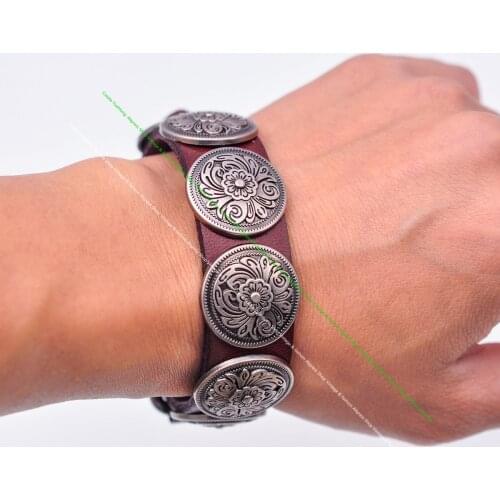 Western Antique Southwest Flower Concho Studded Leathercraft Quality Veg Tan Brown Leather Bracelet Wristband Cuff Bangle