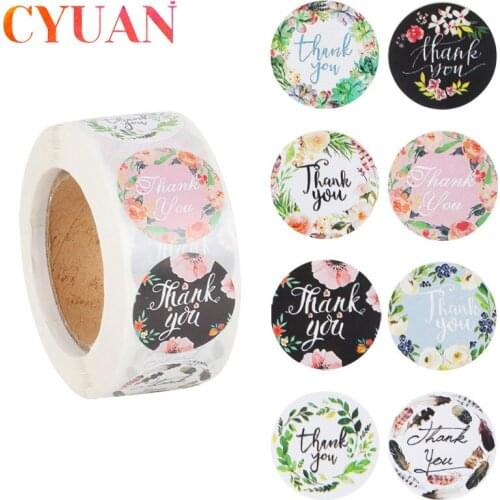 CYUAN 500pcs/roll Floral Thank You Sticker Paper Label Stickers Scrapbooking Wedding Envelope Seals Handmade Stationery Sticker