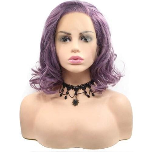 Short Bob Wavy Purple Lace Front Wigs Fashion Side Part Straight to Curly High Density Hair Style Synthetic Lace Wigs for Women