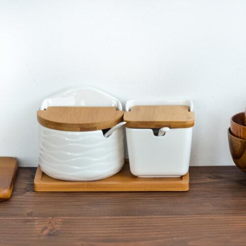 Kitchen spoon porcelain box and bamboo-covered seasoning pot bowl storage container seasoning pot ceramic seasoning rack