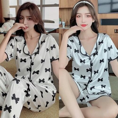 Summer Women Pajamas High Quality Homewear Luxury Pajamas Cardigan shorts Short sleeve Ice silk Pajamas lapel bow-knot Pajamas