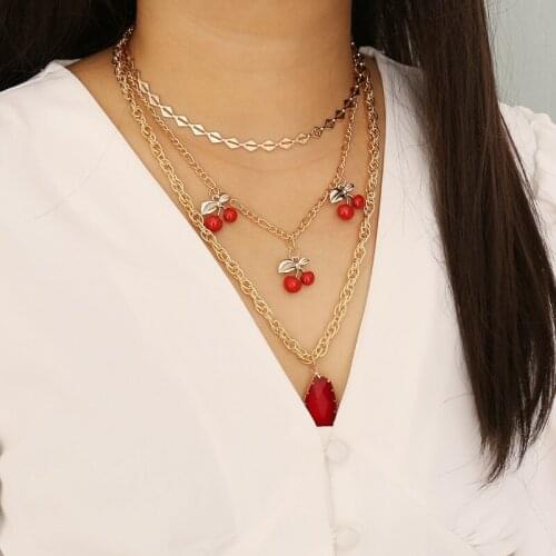 Cherry Multilayer Chain Necklace Red Crystal Pendant Necklaces for Women Fashion Accessories Choker Wholesale Jewelry