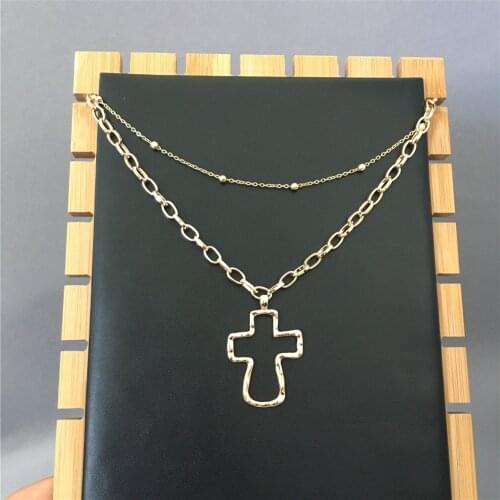TRENDY GOLD COLOR PLATING BIG HOLLOW HAMMERED CROSS PENDANT BALL CHAIN LAYERED NECKLACE