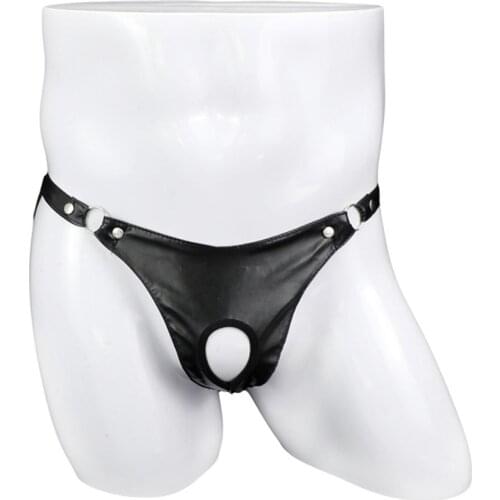 Penis Hole Leather Thong Mens Sexy Butt Hollow G String With Metal Ring Underwear Gay Sexy Brief Underpants Male Erotic Lingeri