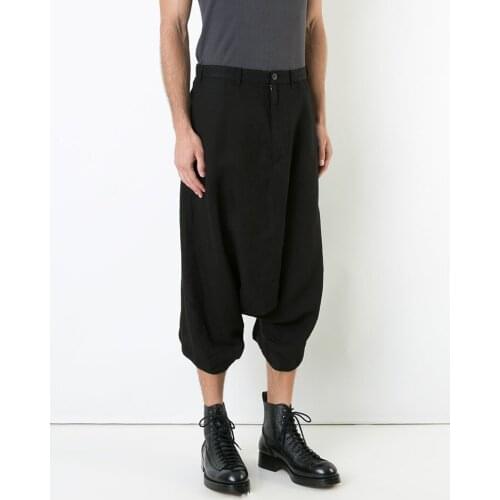 Mens summer fashion baggy pants versatile low-end Harlem pants 7 point solid color harem pants with suspenders wide leg pants