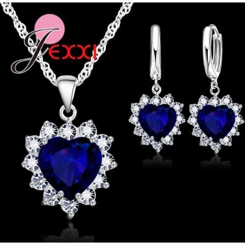 Real 925 Sterling Silver Romantic Trendy Heart Cubic Zirconia Necklace Pendant Earrings Set For Women Female Jewelry Gift