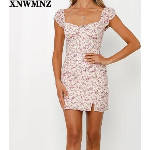XNWMNZ Dress Women 2021 Fashion Sexy Floral Print Sheath Vestidos Retro Cap Sleeve Split Summer Dress Mini Slim Womens Dresses