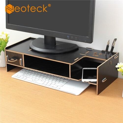Neoteck Office Desktop Tidy Wooden Monitor Stand Computer Laptop Riser Holder Organizer with Keyboard Mouse Storage Slots