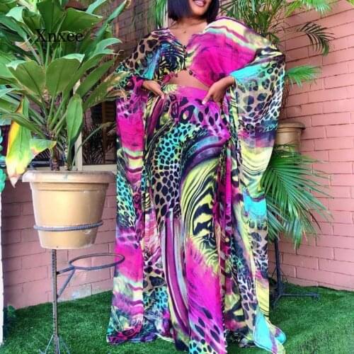 Wide Leg Trousers Chiffon 2 Piece Set 2021 African Ethnic Style Sexy Full Sleeve Suit Women Long Sleeve Top Pant Summer Outfits