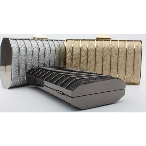 PU Leather Clutch Bag Ladies Metal Striped Party Wedding Bridal Bag Chain Shoulder Crossbody Handbags Female Purse Evening Bag