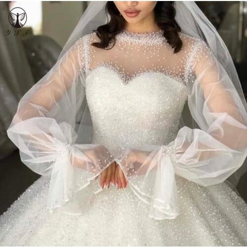 Vintage Robe De Mariee High Collar Beaded Stones Heavily Long Sleeve Bling Bling Princess Wedding Dresses