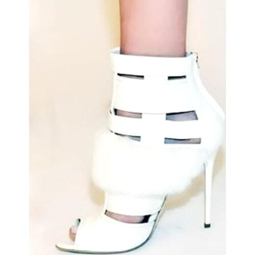 Real Photo Women Open Toe Pure White Fur Embellished Gladiator Boots Geometric Cut-out Feather High Heel Ankle Booties Shoes