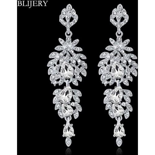 BLIJERY Luxury Chandelier Earrings for Women Silver Color Rhinestone Crystal Floral Bridal Long Earrings Wedding Jewelry Gifts