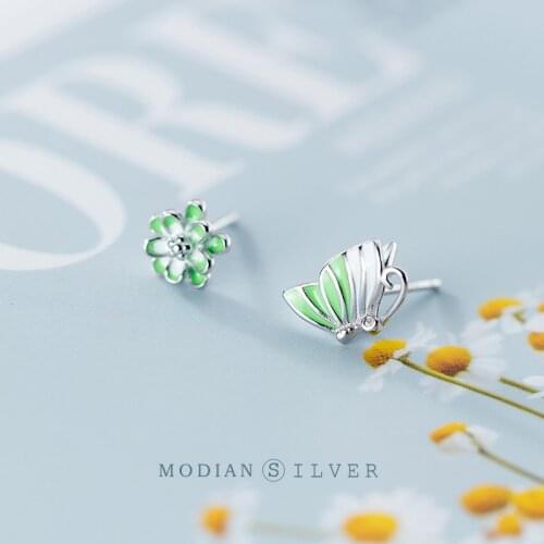 Modian Cute Plant Insect Stud Earring for Women Colorful Enamel Tiny Flower Butterfly Sterling Silver 925 Ear Pin Fine Jewelry