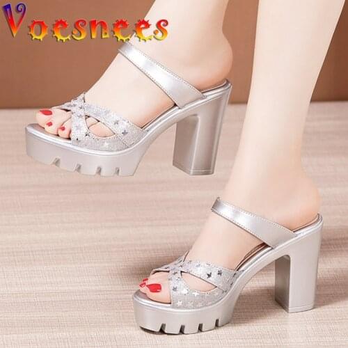 Women Slippers 2021 Summer New High Heel Sandals Waterproof Platform Thick Heel Fish Mouth Slides Sequins Plus Size Ladies Shoes
