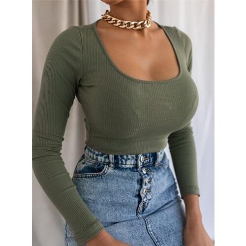 Womens Tops Spring Autumn Solid Color T-Shirts O-Neck Long Sleeve T Shirt Womans Clothing 2021 Casual Slim Pullovers Y2K Tops