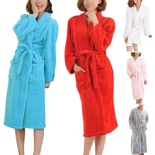 Women Men Flannel Bath Robe Sleepwear Autumn Winter Solid Plush Couple Bathrobe Thick Warm Female Robe Dropshipping M-3XL
