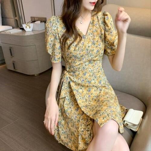 Summer Short Sleeve Sexy V-neck Chiffon Dress Women Print Floral A-line Dress Women Lace Up Waist Dress Female