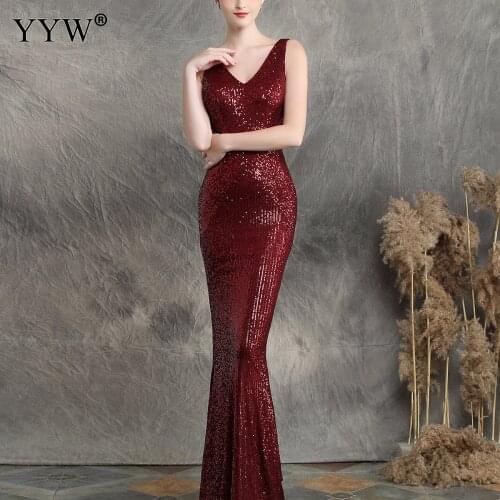 Red Sequins Evening Long Party Dress Women V Neck Sleeveless Mermaid Dress Fashion 2020 Sexy Robe De Soiree Elegant Formal Gowns