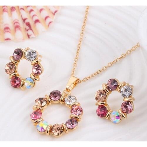 2PCS Fashion Women Necklace Colorful Rhinestone Round Women Pendant Necklace Earrings Jewelry Set бижутерия для женщин 2021