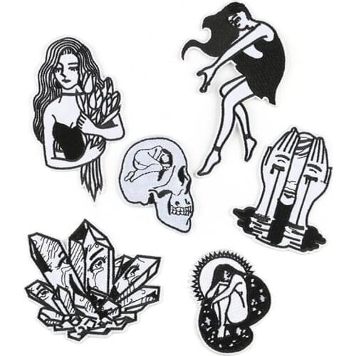 20pcs/lot Embroidery Patch Girl Rose Black White Beauty Skull Clothing Decoration Sewing Accessory Gift Diy Iron Applique